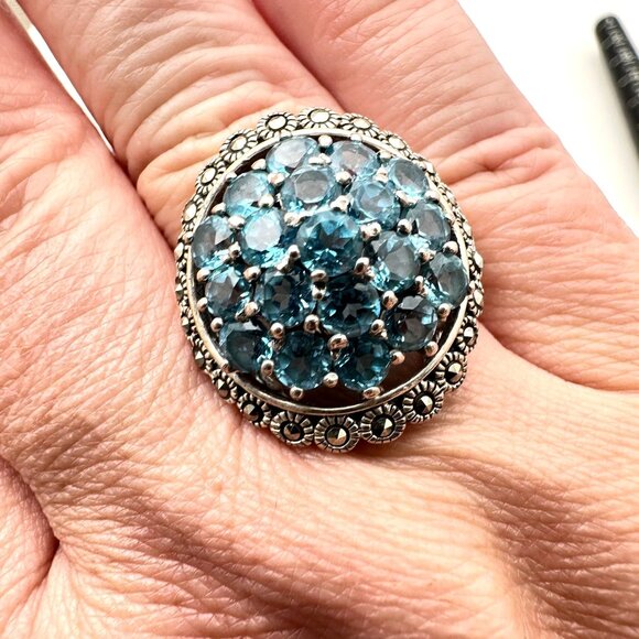 Estate Womens Ring Sterling Silver Blue Topaz Cluster Marcasite Size 9 Signed NF - Picture 2 of 9